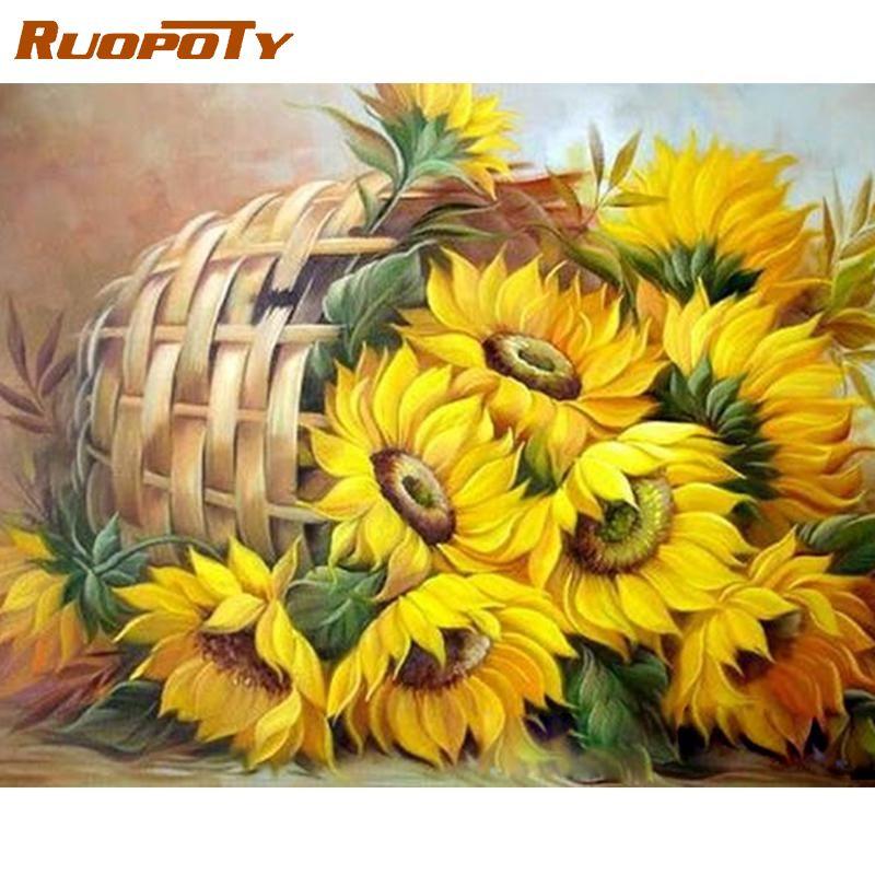 RUOPOTY Frame Flowers DIY Painting By Numbers Kit Sunflowers Modern Home Wall Art Picture By Numbers For Home Decors Artwork