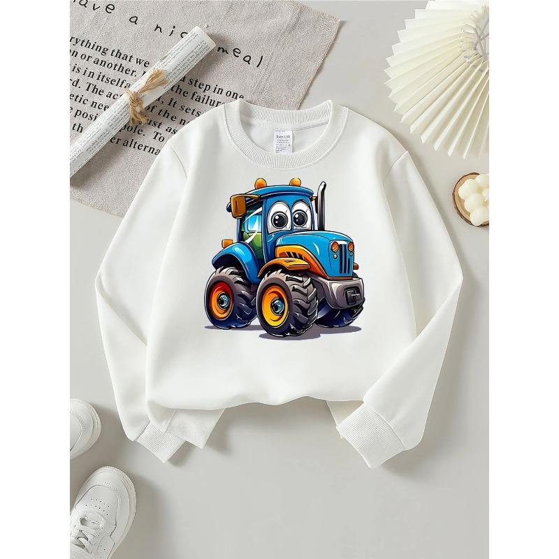 Girls' Tractor Print Round Neck Sweatshirt - Soft Casual Long Sleeve Pullover with Tractor Cartoon, Cozy ' Top Suitable for Spring/Autumn