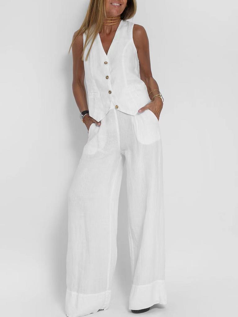 Women's 2 Piece Linen Outfit Sleeveless V Neck Button Vest High Waist Wide Leg Long Pants Casual Commuter Matching Set For Spring Summer Autumn