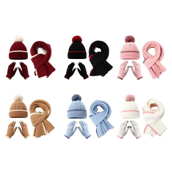 3-teiliges/Set Kinder Mütze Schal Handschuhe Set Einfarbig Zopfmuster Plüschkugel Dekor Mütze Langer Schal Handschuhe Set Elastische Winteraccessoires