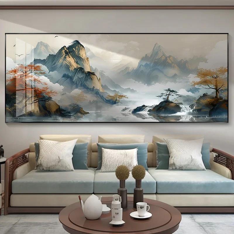 

Smooth Sailing Landscape Painting New Chinese Decorative Painting Sofa Background Wall Ink Painting Home Decoration 30x90cm no frame