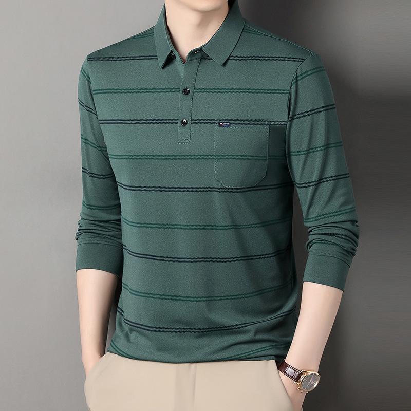 Spring And Autumn High-End Business Casual Polo Shirt For Middle-Aged Men Turn-Down Collar Long Sleeve Striped Versatile T-Shirt For Men