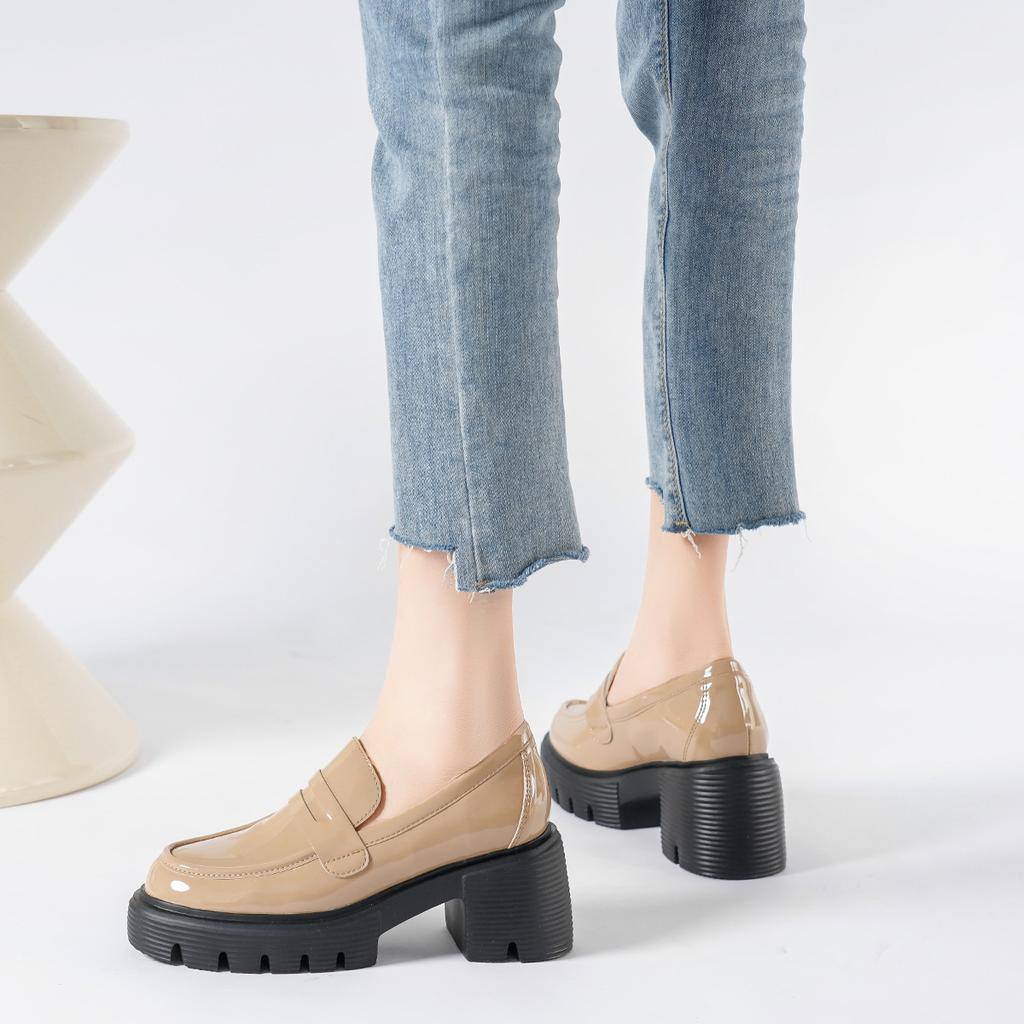 Malé kožené boty Dámské Nový podzimní britský styl Single Boty Líné nazouvací kulatá špička Mokasíny s tlustou podrážkou pro ženy