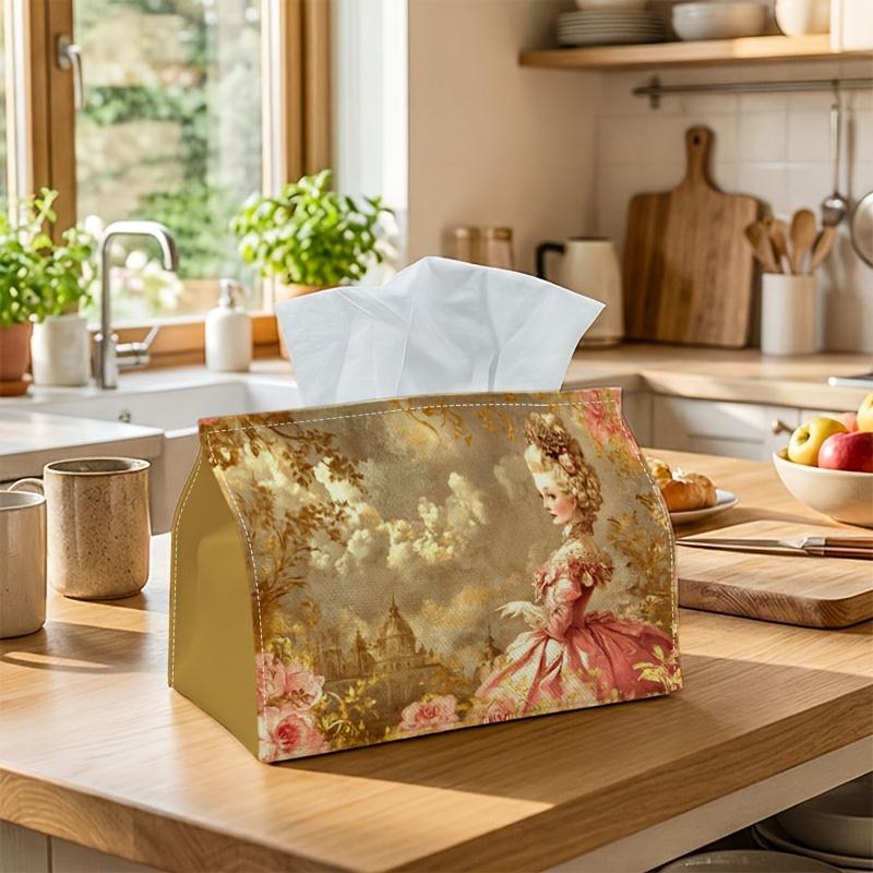 1pc of Rococo-Style Tissue Box Cover Featuring a Lady in a Pink Gown with a Golden Cloud Design. It Is Classic, High-Quality, Waterproof, Durable, Lig