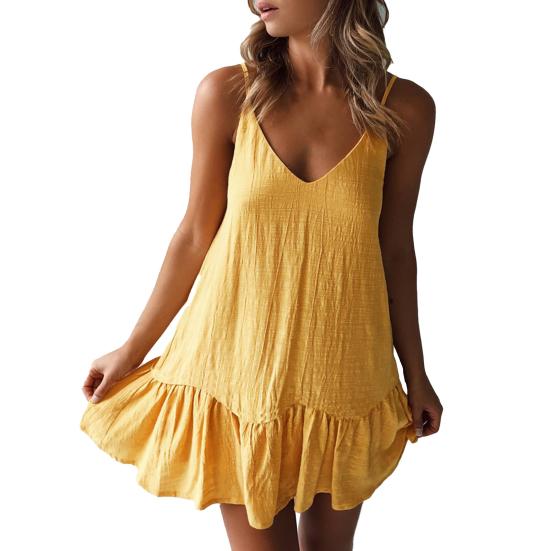 Sexy Women Dress Solid Color Sleeveless Deep V Neck Ruffle Hem Loose Mini Dress for Party