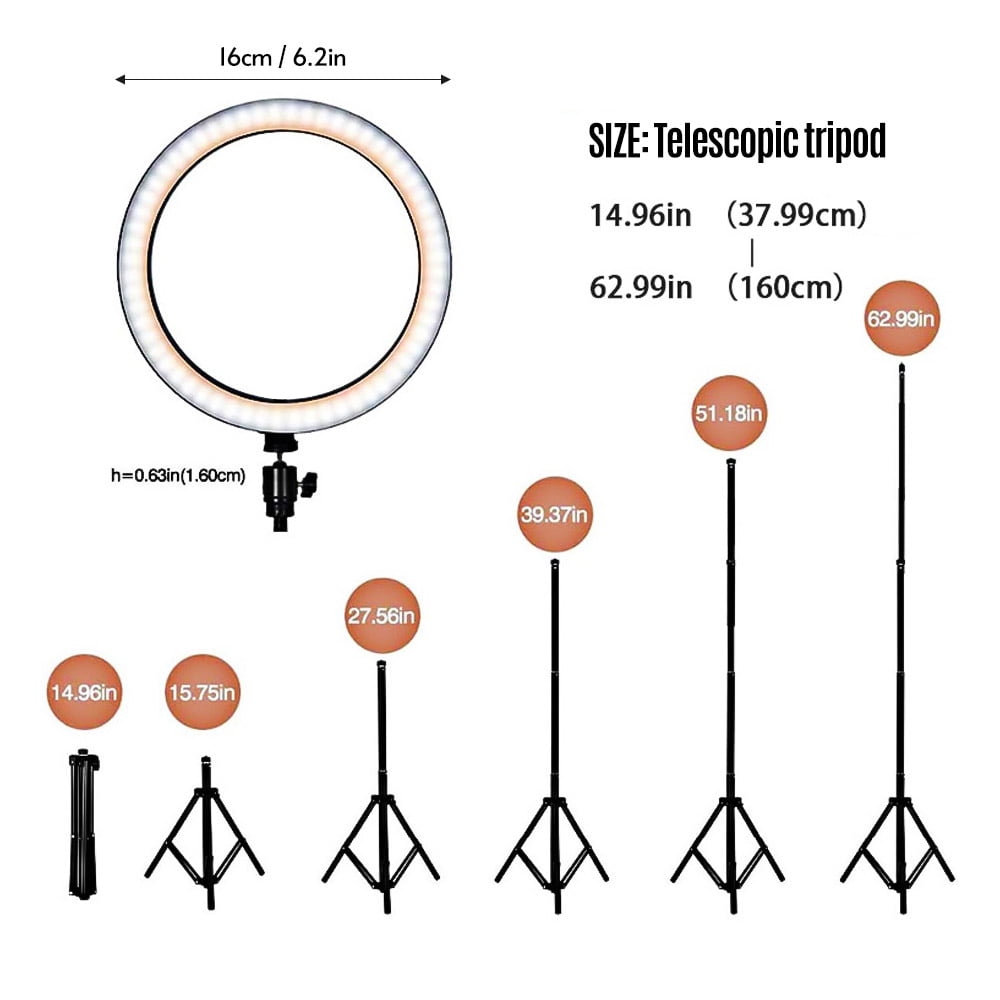 16cm Ring Fill Light Eccentric Tube Tripod Selfie Stick 2-in-1 Phone Holder 1.6M Telescopic Fill Light Holder 3200-5500K