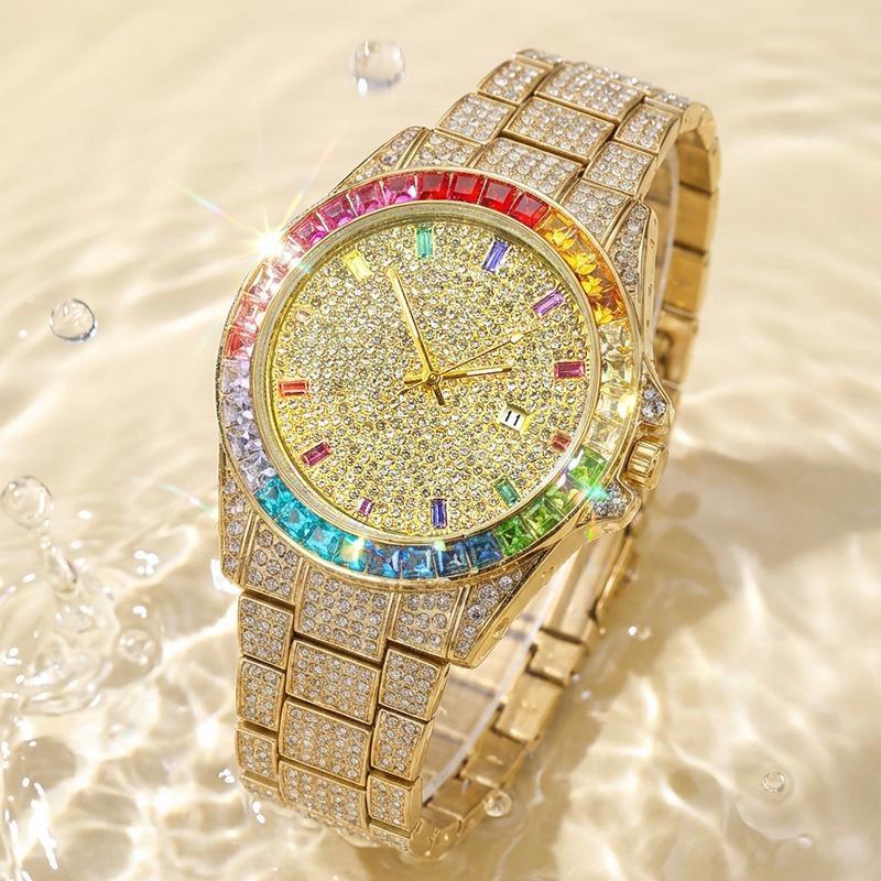 Luxury Gold Iced Out Men's Quartz Watch Rainbow Bezel Full Diamond Dial Hip Hop Bling Wristwatch for Men