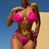 2Pcs/Set Women Bikini Set High Slit Swimming Trunks Adjustable Halter Strap 3D Hand-Sewn Flowers Bikini Bra Set Vacation Party Swimwear