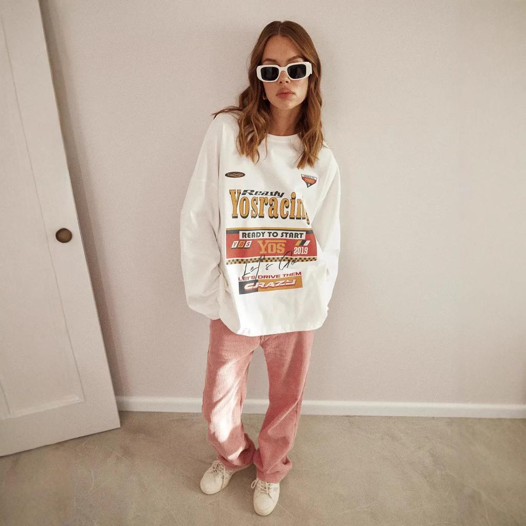 Women's Long Sleeve Graphic Tee Crew Neck Casual Cotton Top