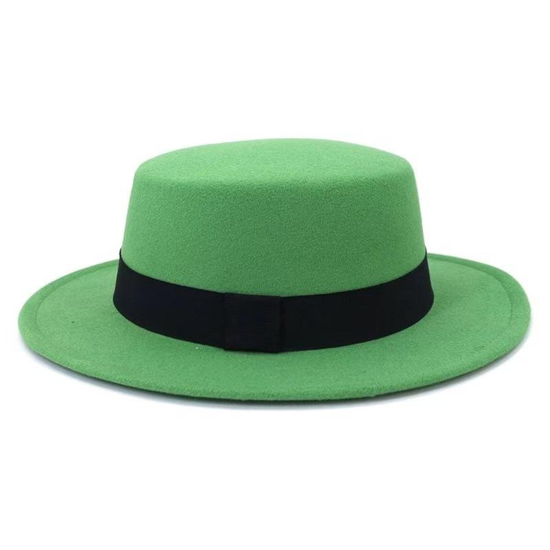 Autumn Winter Korean Version Flat-Top British Style Solid Color Top Hat Gentleman'S Jazz Hat Wide-Brimmed Flat-Brimmed Woolen Hats For Men And Women