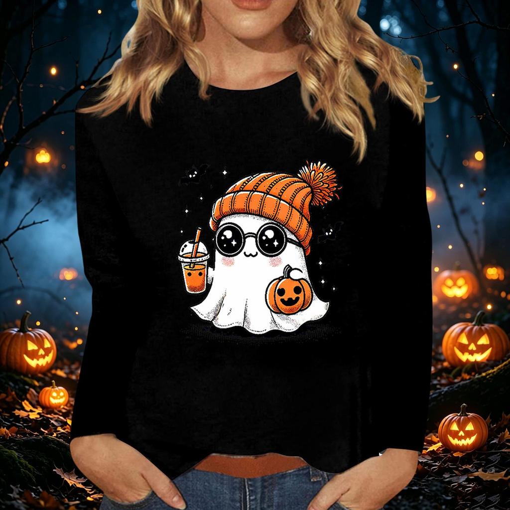 Women's Long Sleeve Halloween Print Round Neck Casual Top for Fall Parties