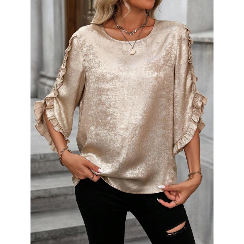 

Модная летняя женская блузка с коротким рукавом, новые свободные повседневные рубашки с оборками, элегантные однотонные простые топы с круглым вырезом, женская одежда 3573 XL