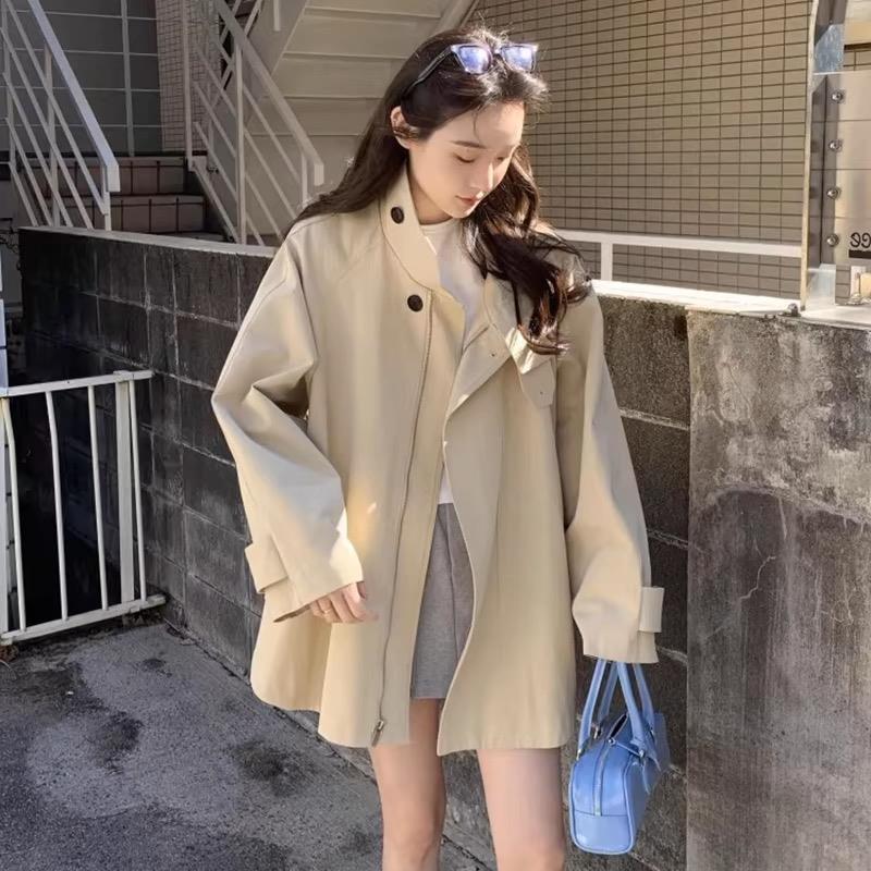Korean chic autumn new retro British style stand-up collar design sense niche loose long-sleeved trench coat women