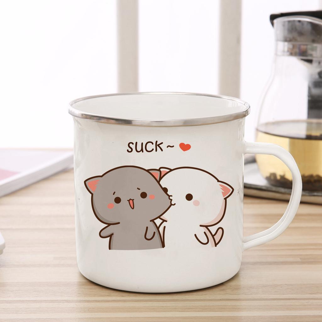 New Peach and Goma Cat Enamel Coffee Tea Cup Cute Animal Breakfast Dessert Milk Water Cup Couple Gift Original Breakfast Cups