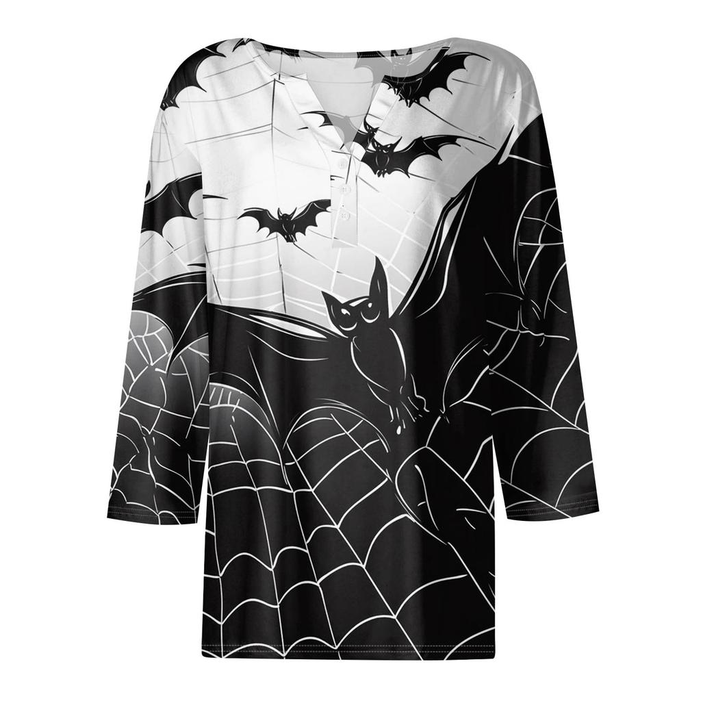 Women's Fashion Casual T-Shirt V-Neck Seven Sleeve  Printed Button Top