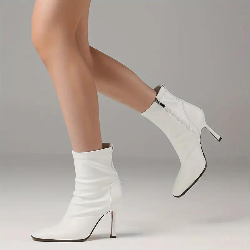 Women’s Square Toe Stiletto Ankle Boots - Black PU Cover Mid-Calf Boots with Side Zipper, Fashionable All-Match High Heel Shoes