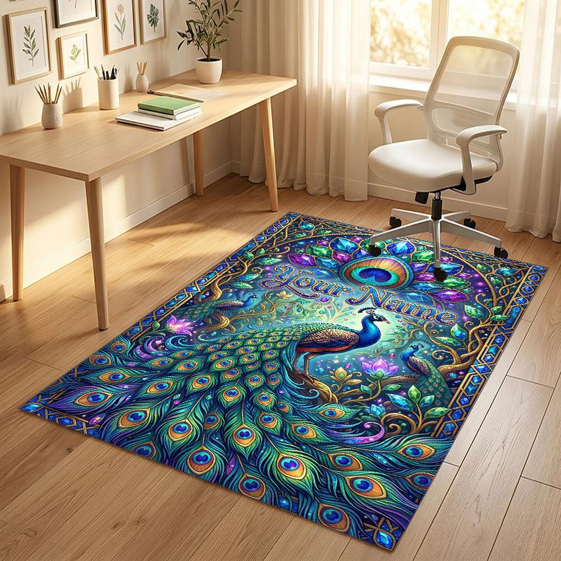 Peacock Theme Soft Crystal Velvet Rug Custom Name & Text Print Non Slip Floor Rug for Bedroom Living Room