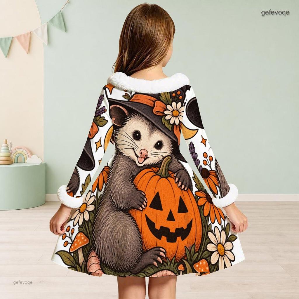 Girls High Neck Long Sleeve Halloween Hedgehog Printed Fluffy Trim Tie Waist A Line Flared Dress