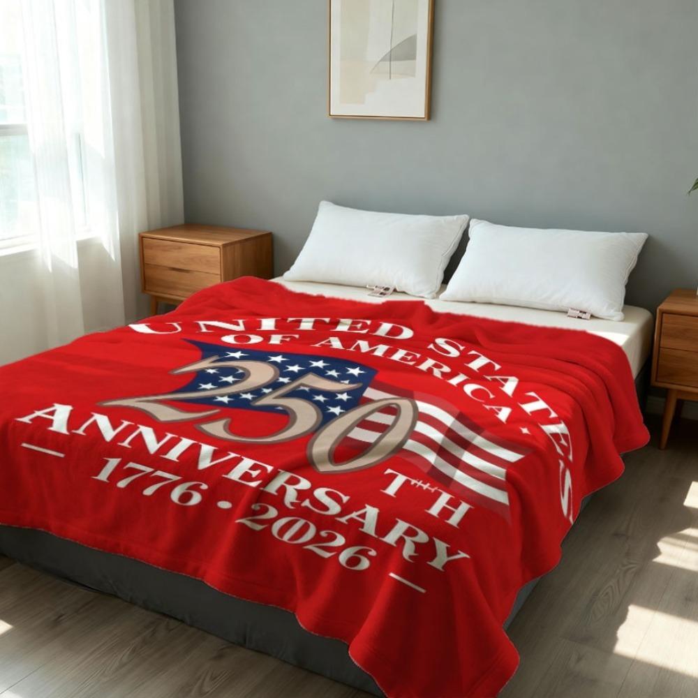 1pc Independence Day 250th Flannel Throw, 2D Flat Print Flannel Blanket, USA 1776-2026 Decor Blanket for Dorm Camping, All-Seaso