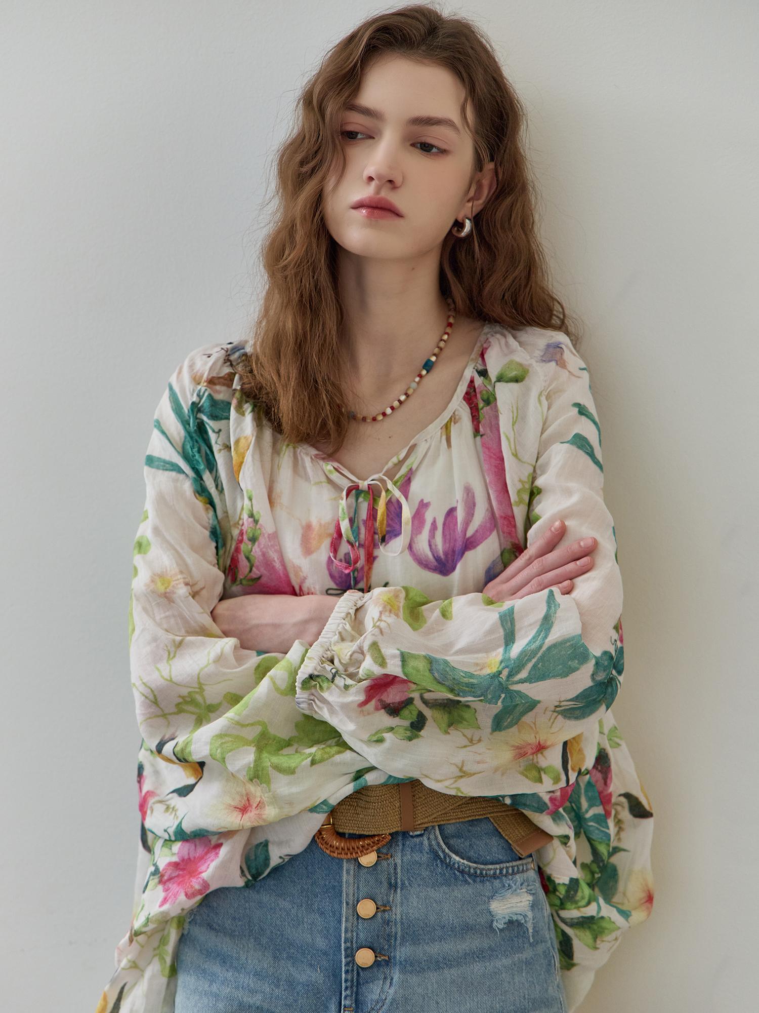 Maja Ethnic Flower Bohemian Linen Blouse Ivory/Free