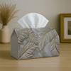 1pc Elegant Modern Minimalist Tissue Box with Feather Relief Golden Gray- Napkin Storage Organizer for Kitchen,Car,Elegant Decorative Box,Purpose for