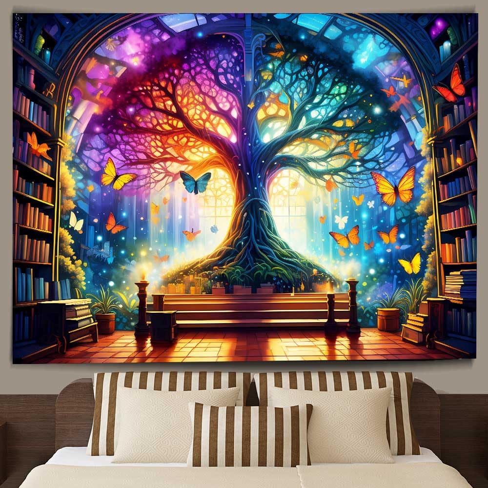 Fantasy Library Tapestry Mysterious Tree Magic Bookshelf Tapestries Classroom Flannel Witchy Fairytale Tree Butterfly Vintage