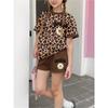 Girls  Sleeve Crew Neck T-Shirt + Shorts Set Leopard Heart Print With Smile Flower Logo Casual Cute Kids Daily Outfit