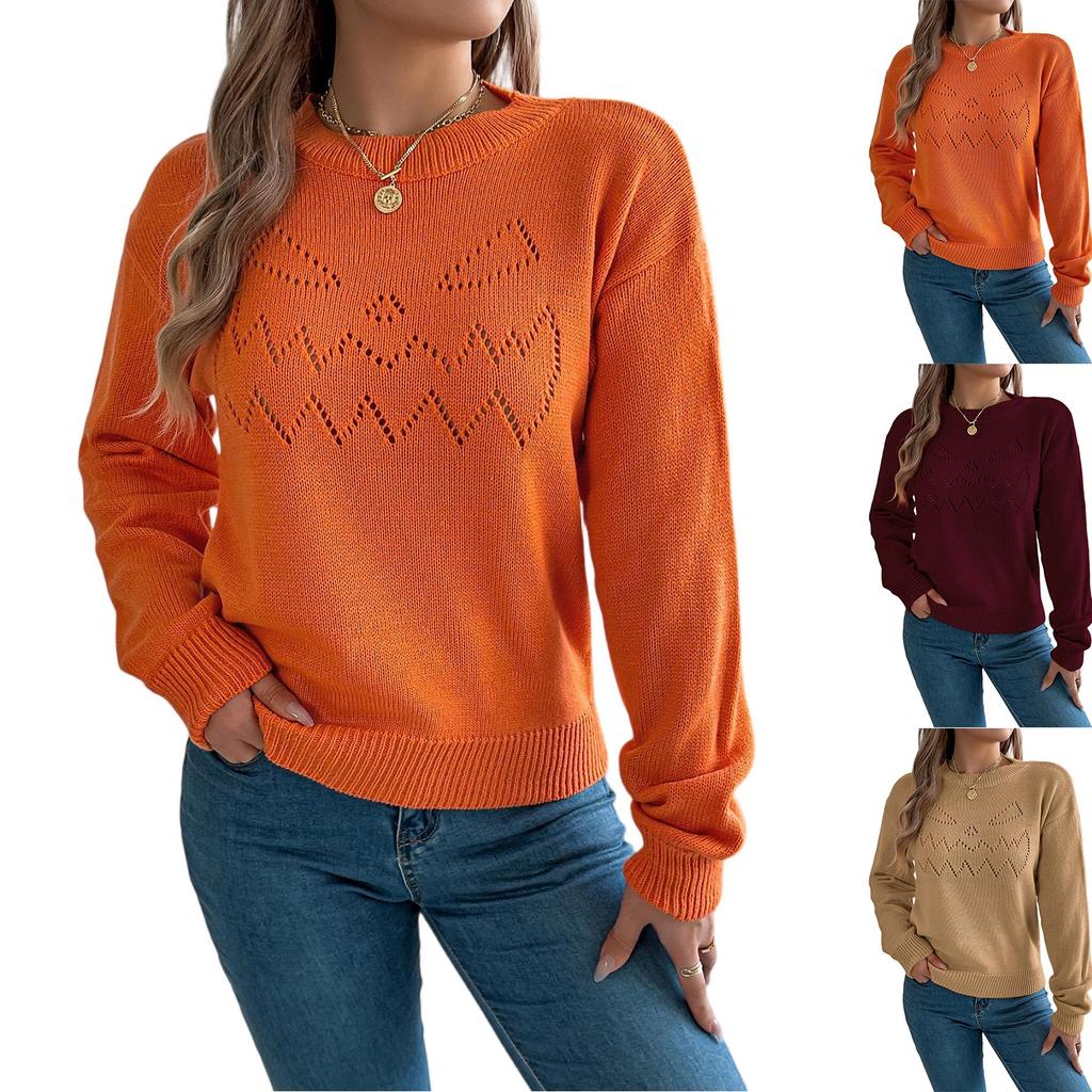 Dame ensfarget rund hals mesh lange ermer pull-over genser