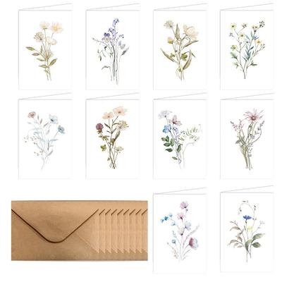 10 Pcs Watercolor Flower Blank Greeting Cards Cardboard DIY Blank Note Cards Hand Drawn with Envelopes Party Invitation Card