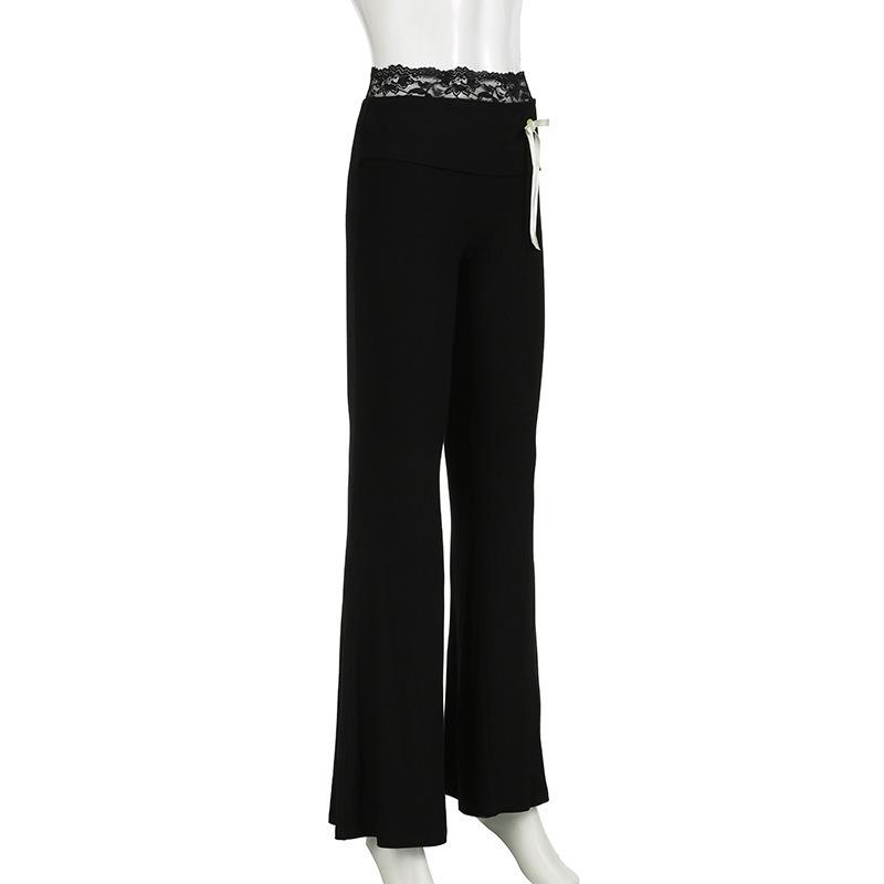 Jarní a podzimní dámské jednobarevné krajkové vsadky šněrovací ležérní rozšířené kalhoty