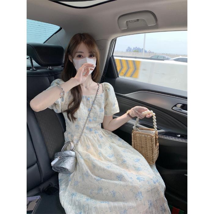 French gentle wind floral dress women's summer new high-end temperament waist bubble sleeves fairy first love long dress