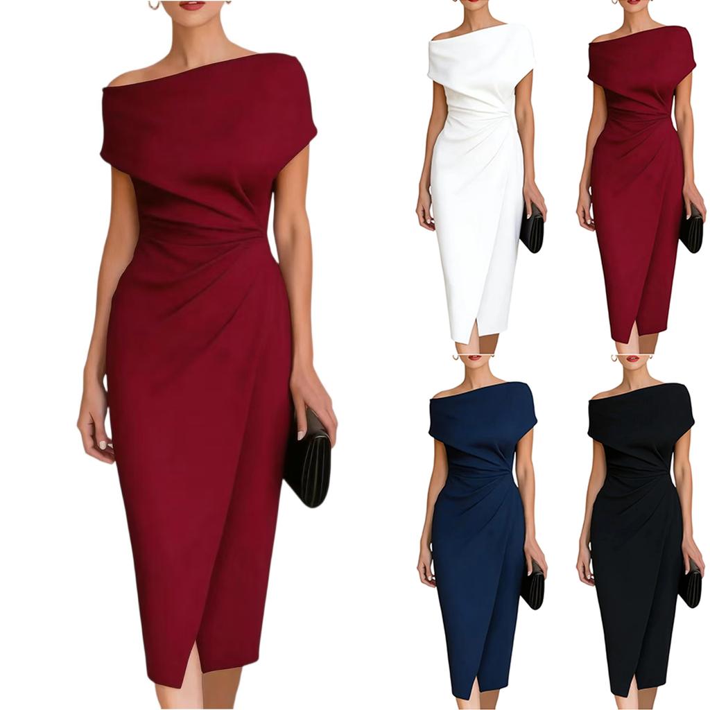 Women’s Off Shoulder Midi Dress Asymmetrical Hem Ruched Bodycon Elegant Cocktail Party Dress for Formal Events