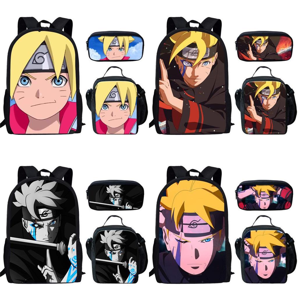 Naruto Printed Kids School Backpack Lunch Bag Pencil Case Set With Nylon Material For Children
