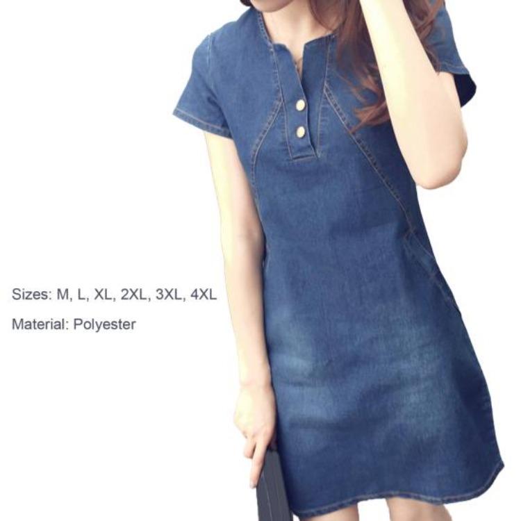 Vestido Casual Jeans Elegante Feminino de Verão com Gola O e Manga Curta Costurado para Uso Diário