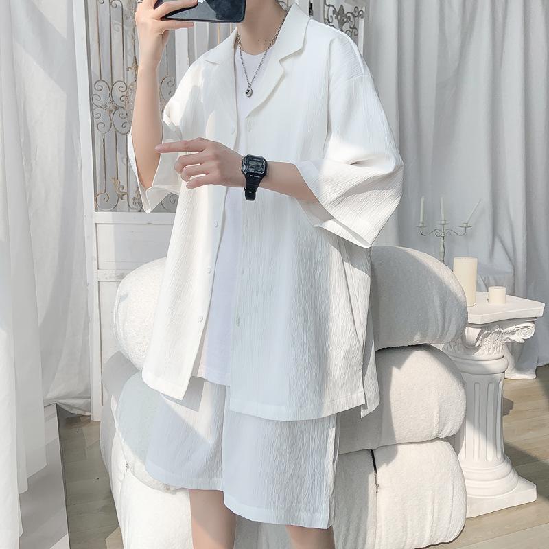 Men's Hong Kong Style Casual Short Sleeve Shirt & Loose Sports Shorts Two-Piece Set