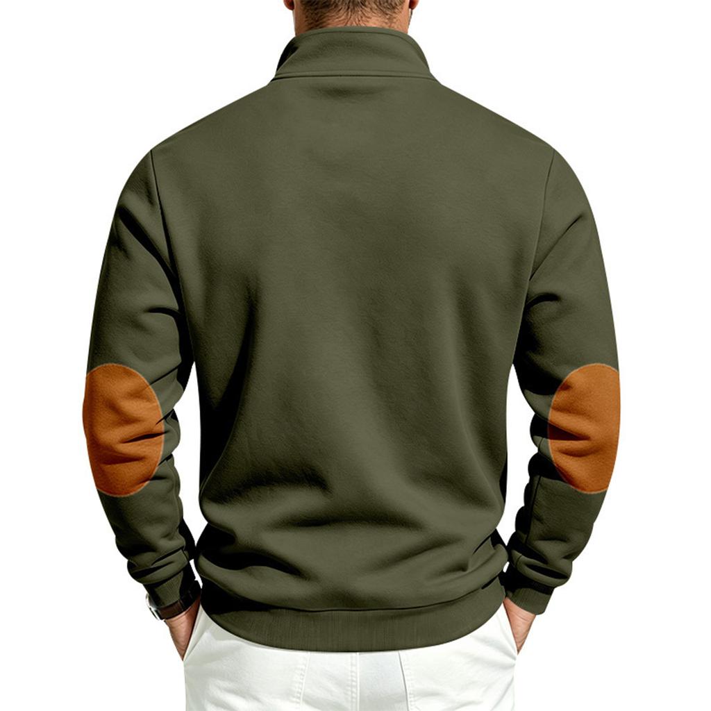 Men's Retro Patchwork Half-Zip Sweatshirt with Stand Collar for Fall Winter Casual Wear
