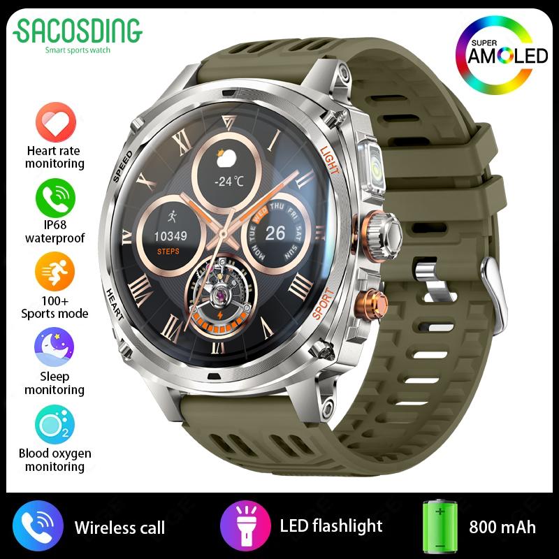 

SACOSDING 800 мАч Аккумулятор Bluetooth Звонок Смарт-часы Мужские 1,75 Военные Уличные Спортивные Часы с Фонариком Водонепроницаемые Смарт-часы Новые
