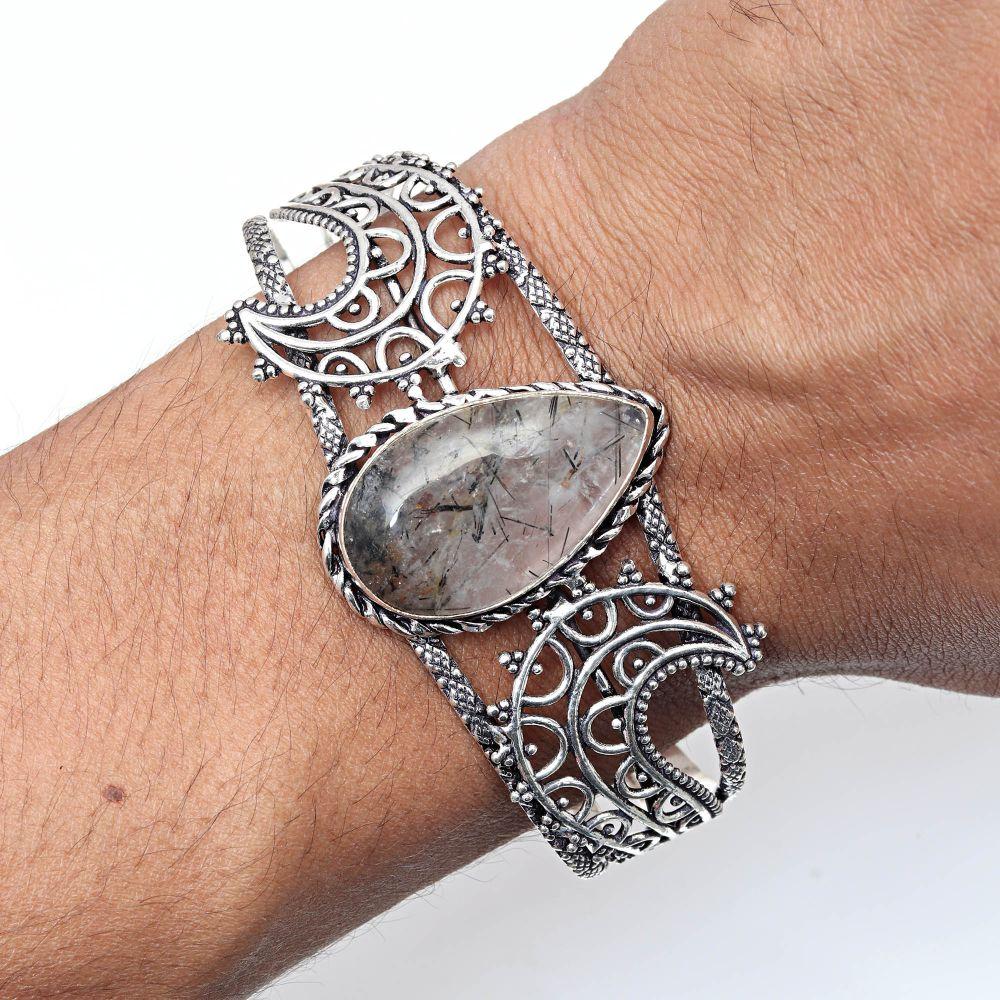 Black Rutile Gemstone Handmade Jewelry Cuff Bracelets 7''Adjustable
