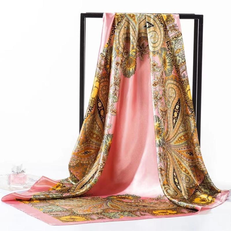 Eșarfă pentru cap femei de marcă de lux pătrată 90*90cm Bandana de satin de mătase Foulard Moale Batic Hijab Eșarfe de păr pentru doamne