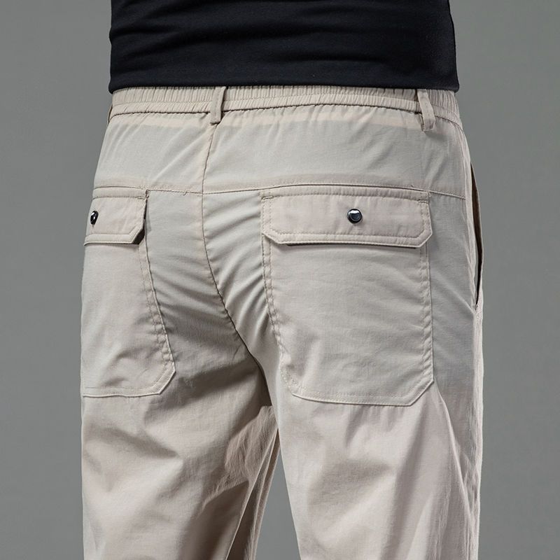 Spring Summer Cotton Men Casual Pants Elastic Waist Business Korean Fashion Straight Classic Solid Color Trousers Black Khaki