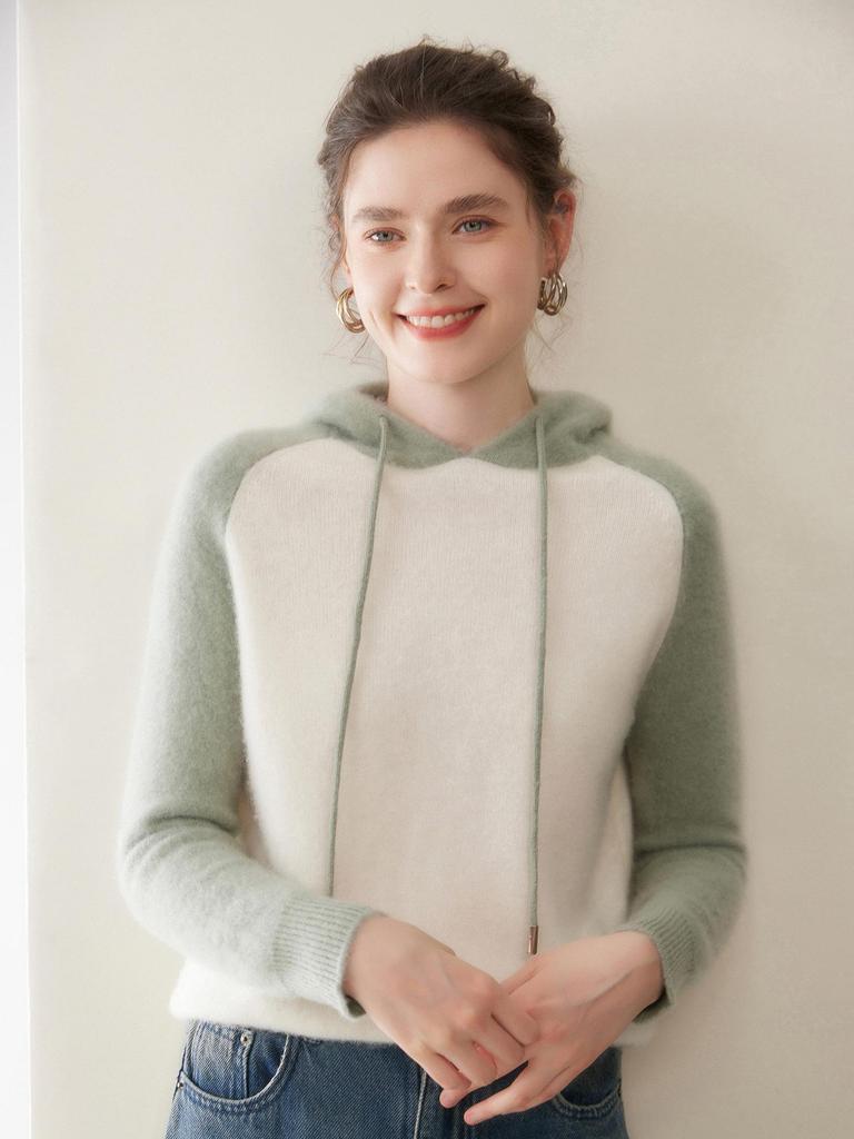 Women's High-End Color Block Hooded Cashmere Sweater - Loose, Thick, Raglan Sleeve Knitwear for Autumn/Winter Outerwear