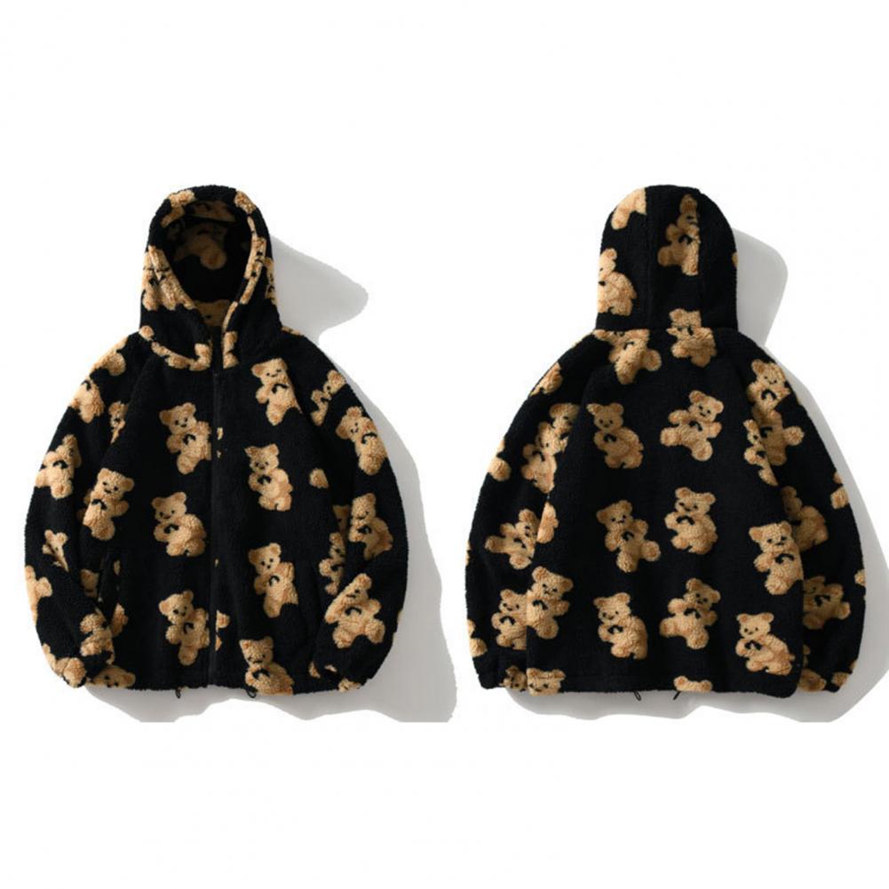 Women Autumn Winter Fleece Hooded Jacket with Drawstring Long Sleeve Pockets Zipper Placket Plush Sweatshirt Coat Heart Bear Pri