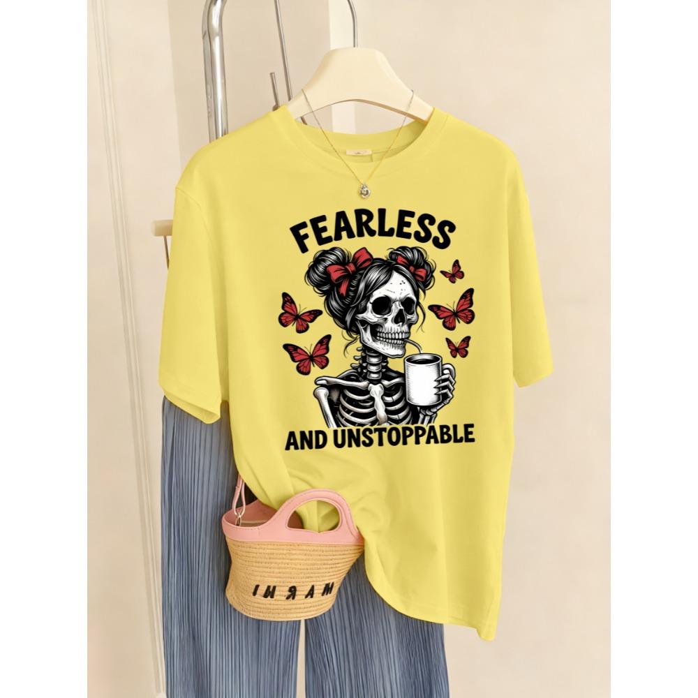 Fearless Understoppable Coffee Skull Print T Shirt Woman Breathable Hip Hop Top Summer T-Shirts Crewneck Short Sleeve