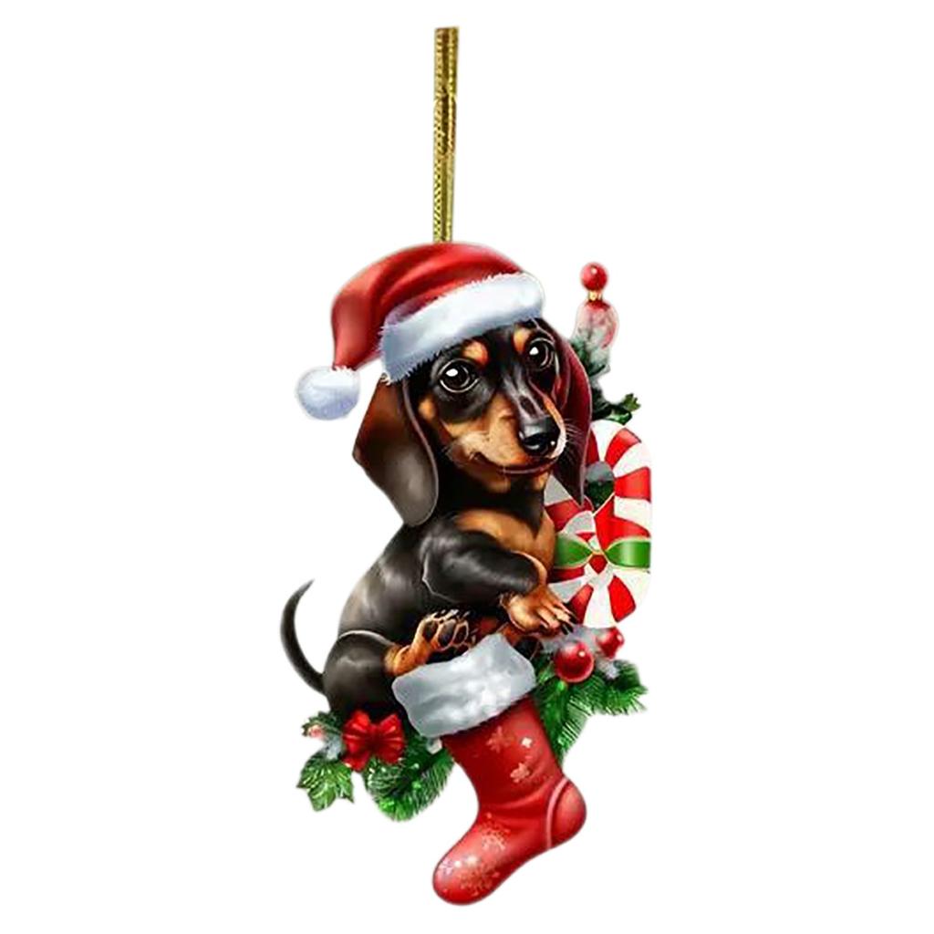 2d Ornament Portable Acrylic Dog Tree Ornament Car Pendant Sausage Dog With Hats Christmas Wooden Garland Beads Long