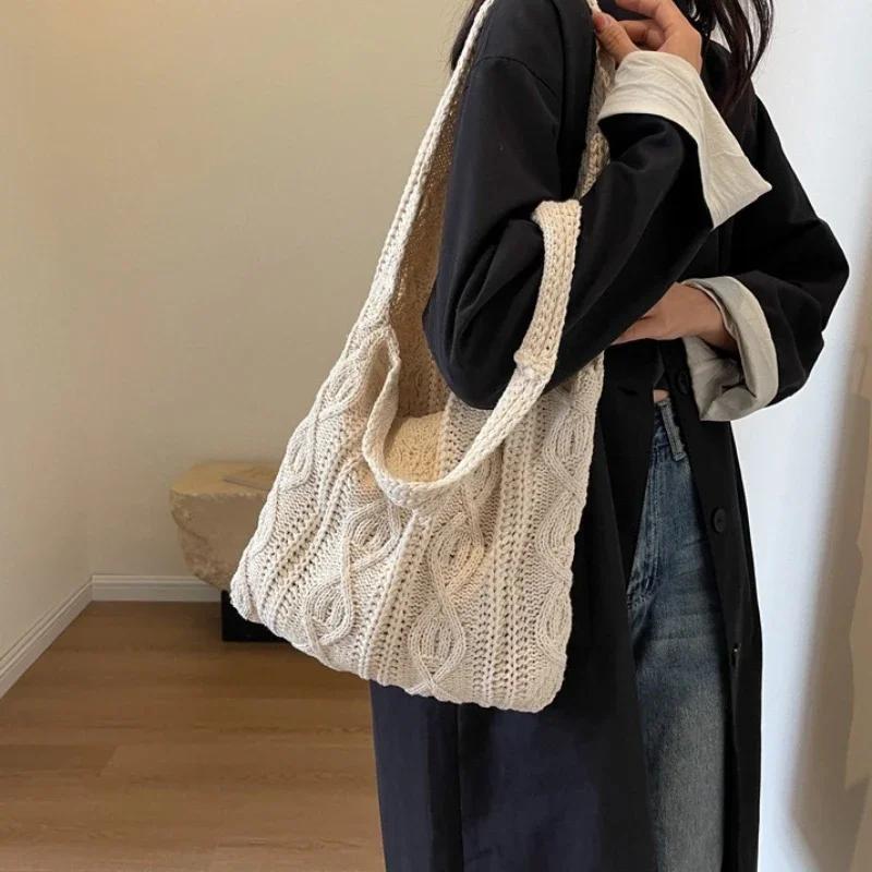 Wool Knitted Shoulder Shopping Bag for Women Vintage Cotton Cloth Girls Tote Shopper Bag Large Female Handbag Crochet Bag