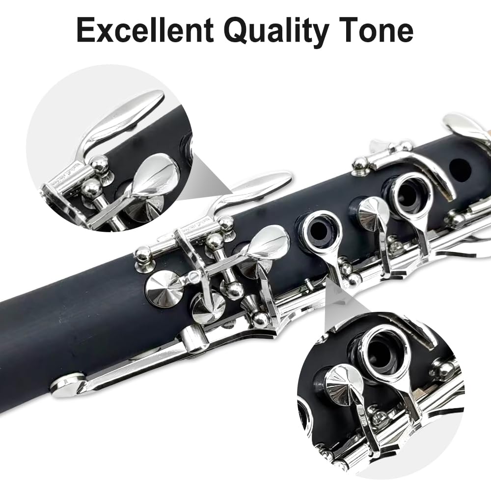 Yinfente Professional Ebonite Clarinet, B-flat, Beginner-friendly, 2-barrel, Hard Case, Cleaning Kit, Mouthpiece, Cork Grease, Gloves