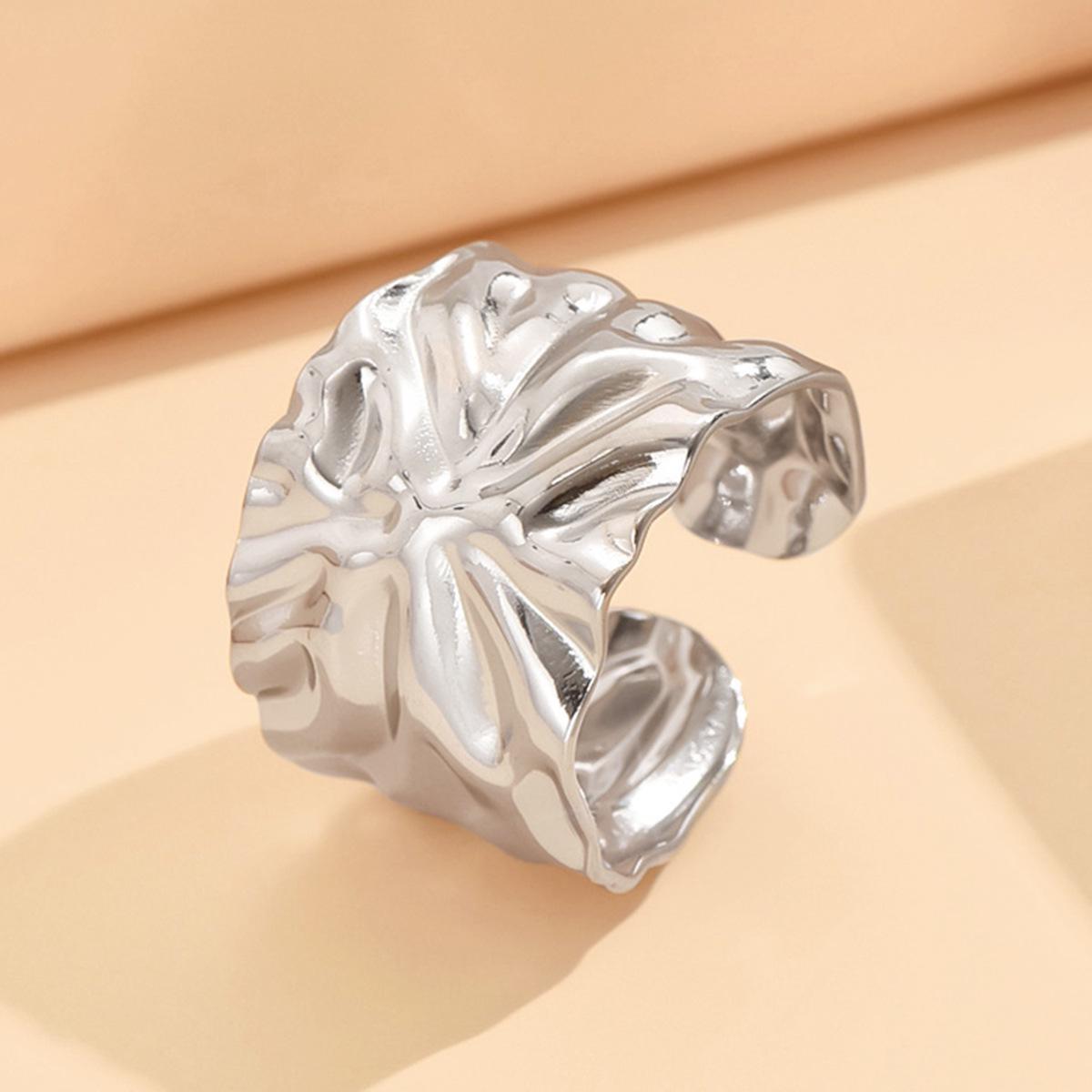 Adjustable European Retro Wide Band Stainless Steel Pleated Ring for Women