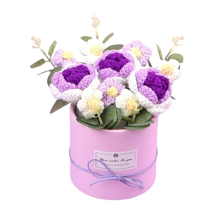 

Crochet Rose Bouquets In Pot Artificial Knitted Flower for Desktop Shelf Display Wedding Tabletop Centerpieces