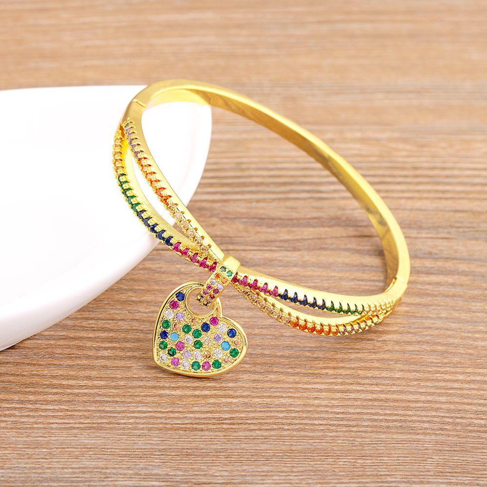 Nidin New Fashion Elegant Gold Color Heart Pendant Bangle Jewelry Crystal Zircon Bracelets Lover Romantic Wedding Gift Wholesale 56-58mm