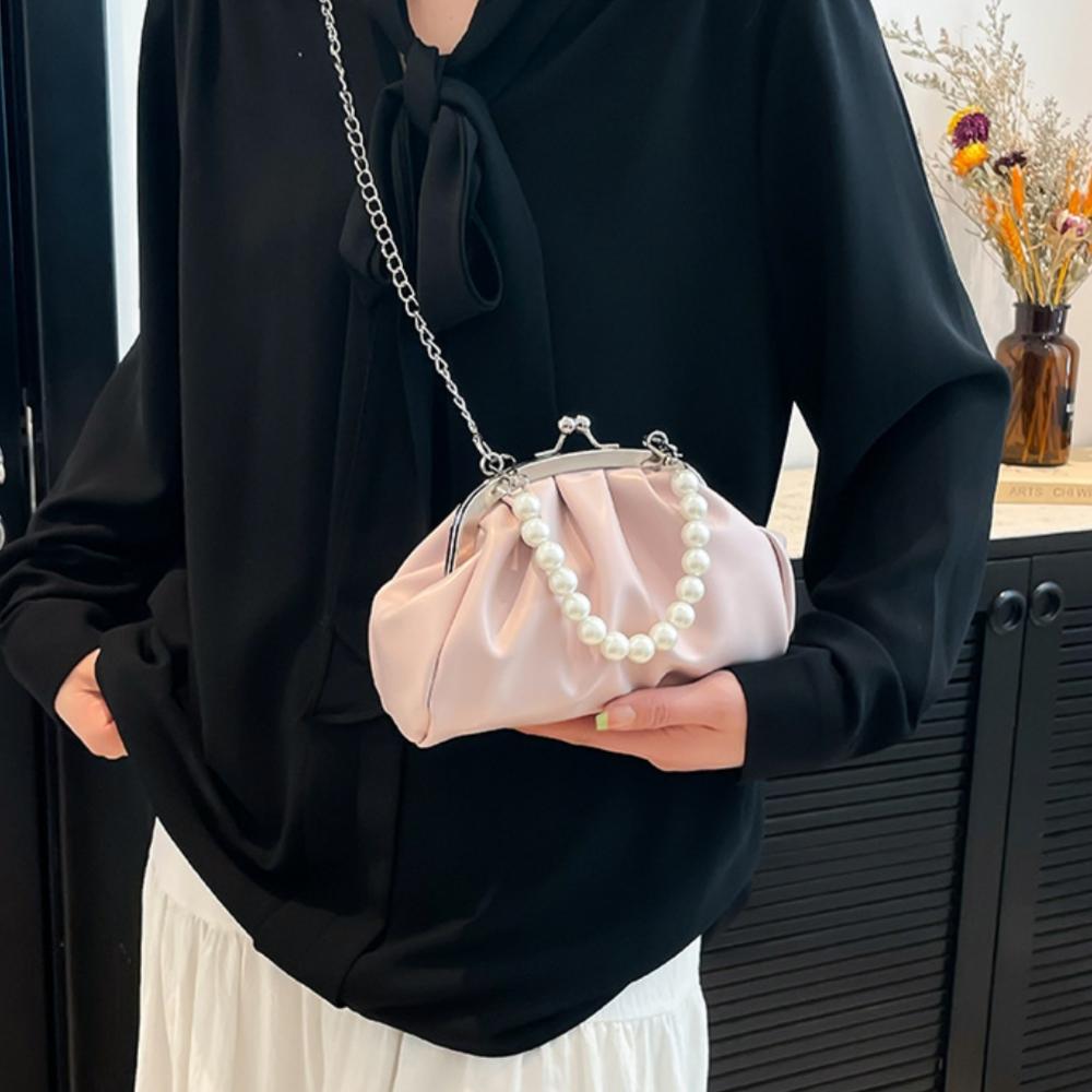 Ruched Clutch Bag Luxurious Pearl Handle Bag Kiss Lock Crossbody Bag Vintage Shoulder Handbag For Everyday Use Party Formal